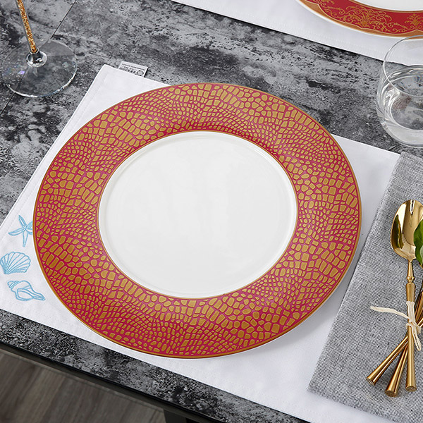 Red and gold crocodile print display plate